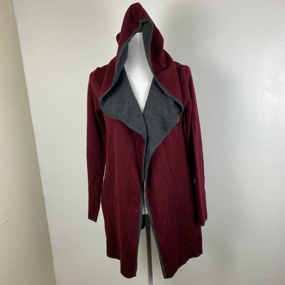 BNCI Black Noir Wool Blend Hooded Open Front Maroon Gray Sweater Cardigan Medium - Picture 1 of 10